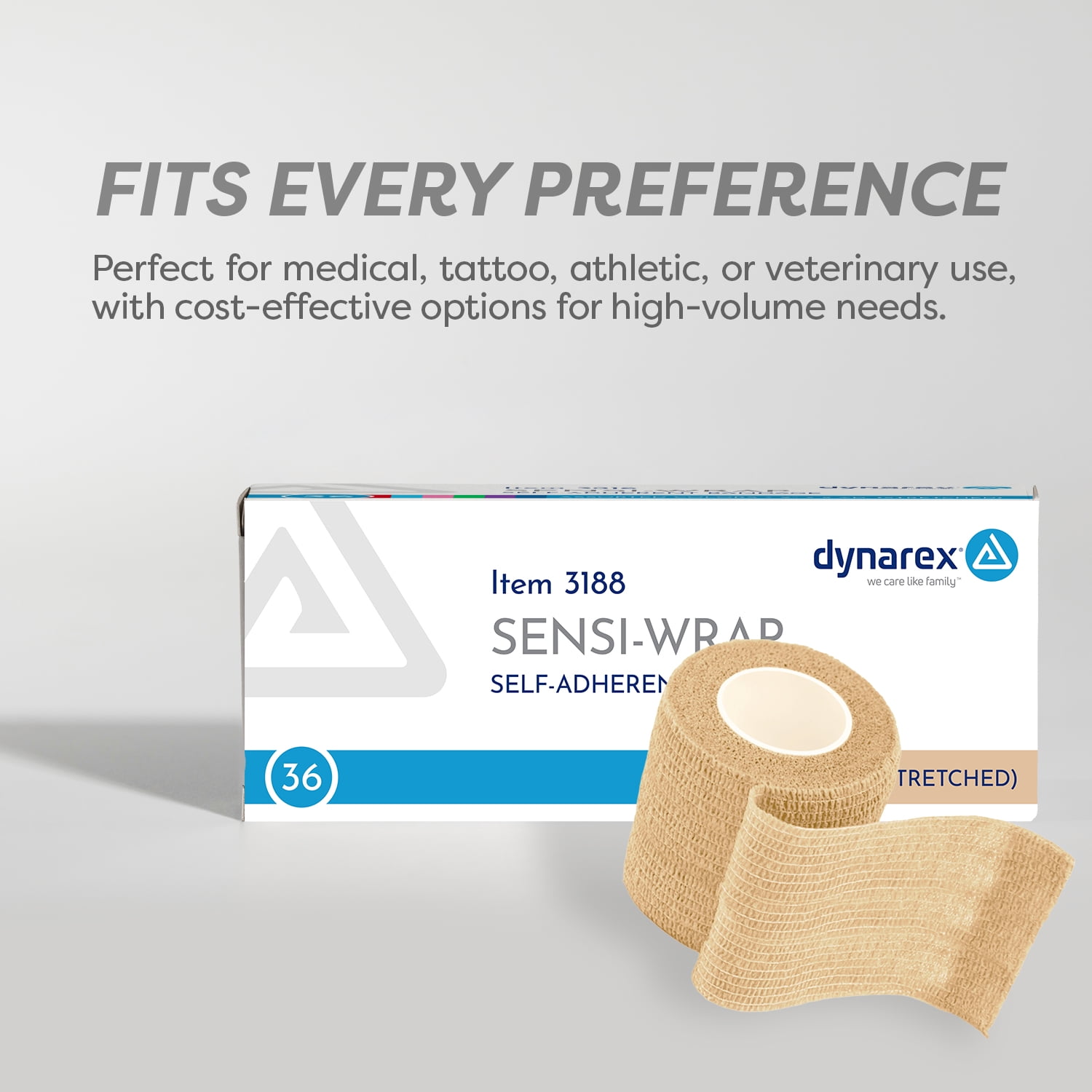Dynarex Sensi-Wrap Self-Adhesive Bandages, 36-Pack, 2 in x 5 yards, Tan, Latex-Free, Colored Elastic Cohesive Athletic Tape, Tattoo Grip & Vet Wrap