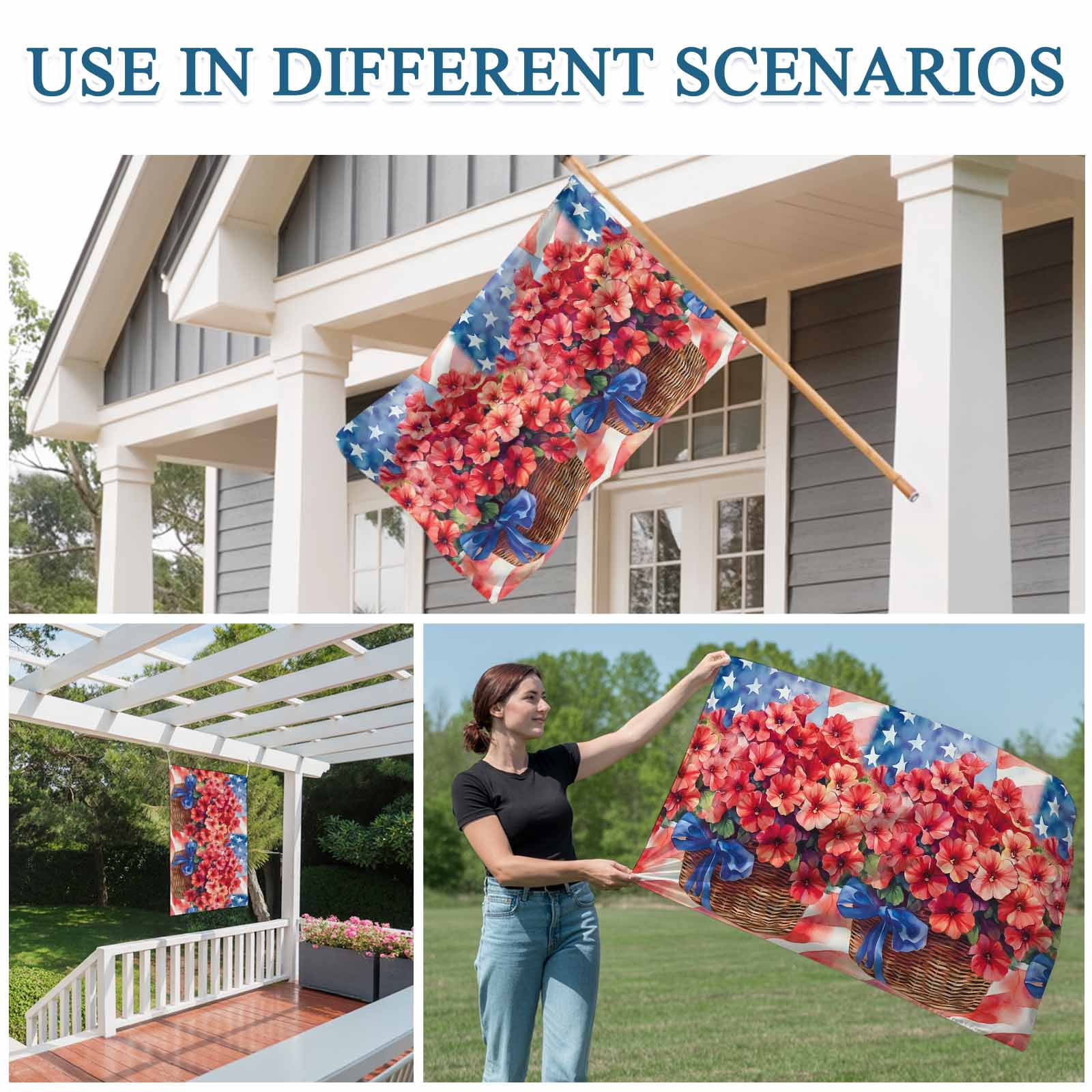 4th of July Flags for Outside 3x5 ft Poppy Bouquet Outdoor Flags Double Sided Grommets House Banner USA Flag Oil Painting Patio Yard Flag for Outdoor Party Porch Garden Independence Day Decor