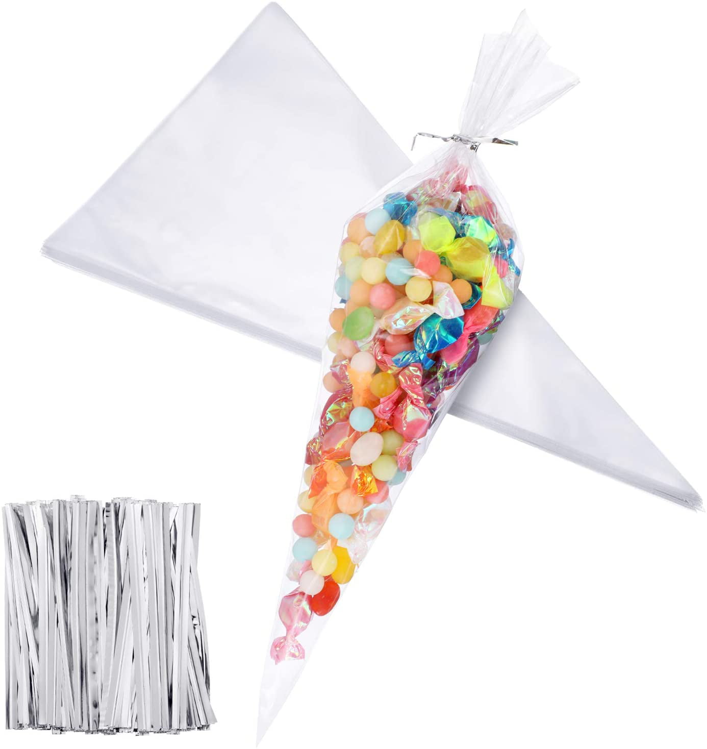 Clear Cellophane Cone Bags Twist Ties Large size Gift Party Candy Bags