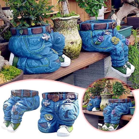 Creative Outdoor Planter,Flower Pot, Resin Cute Planters, Jeans Shape Garden Figurines Planter for Home Lawn Yard Outside Decor.Creative Outdoor Planter Flower Pot (Kneel Down on one Knee)