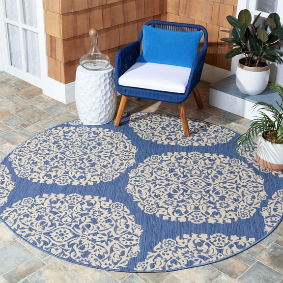 Safavieh Courtyard Lyall Geometric Indoor/Outdoor Area Rug, Blue/Ivory, 6'7" x 6'7" Round