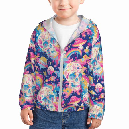 

Rash Guard for Boys Girls - Skull rainbow color space Lightweight Long Sleeve Sun Protection Jacket Hooded Cooling Swim Shirt with Zipper for Toddler Kids Children