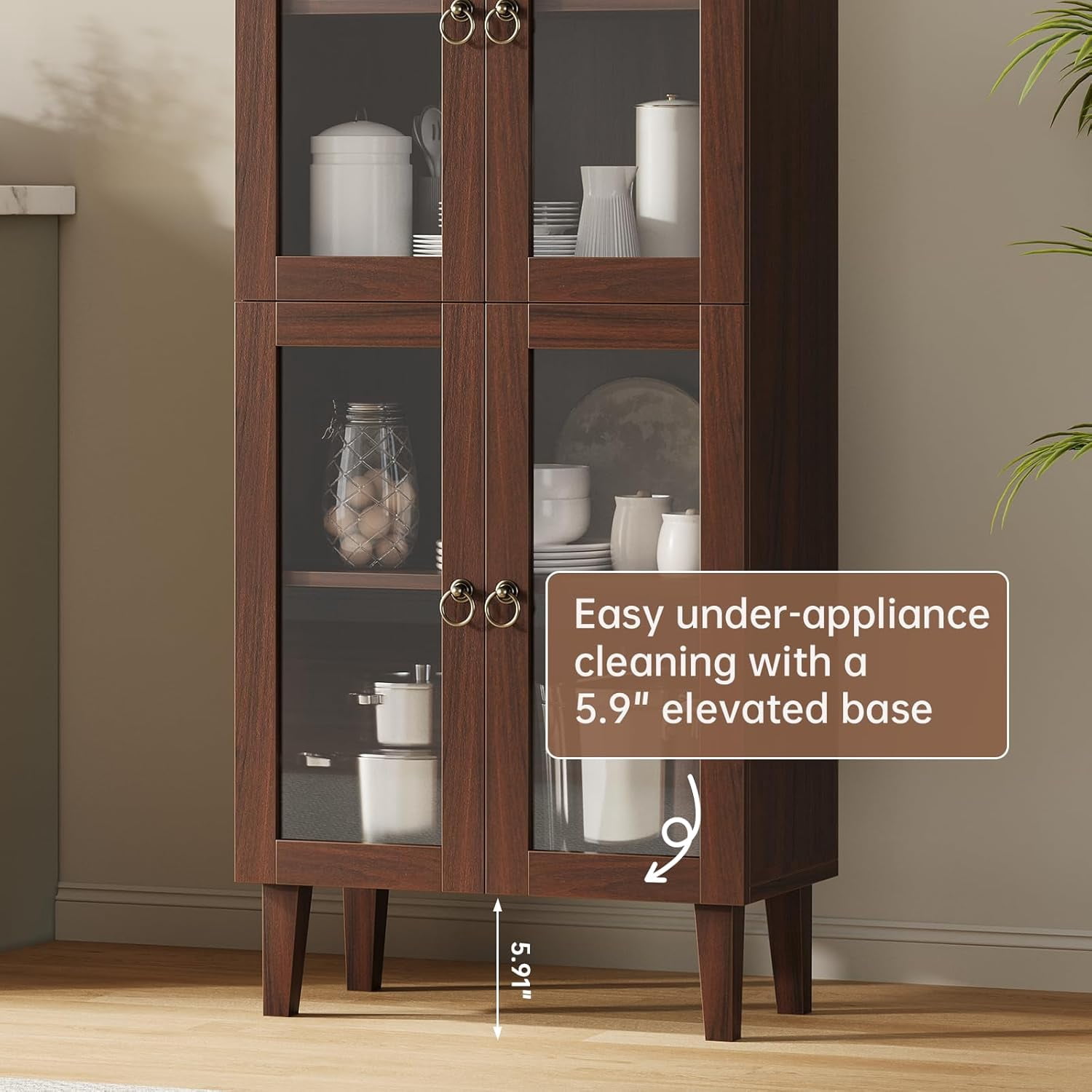 71" Tall Arched Cabinet with Acrylic Glass Door, Modern Curio Arched Bookcase, Display Cabinet Organizer, Kitchen Pantry with Top-Opening Storage Container for Living Dining Room, Brown