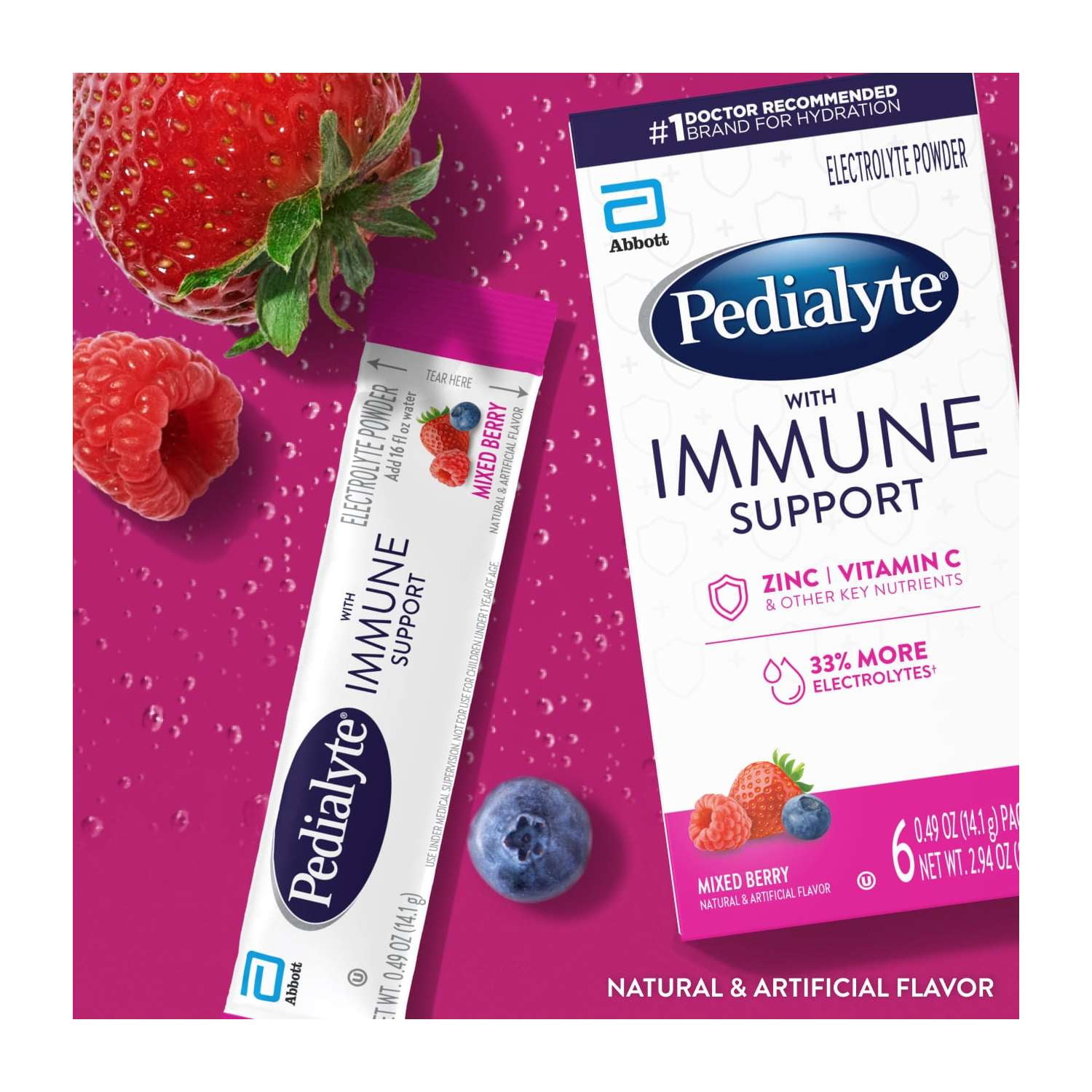 (3 pack) Pedialyte with Immune Support, Electrolyte Drink Powder, Mixed Berry | 6 Powder Packets