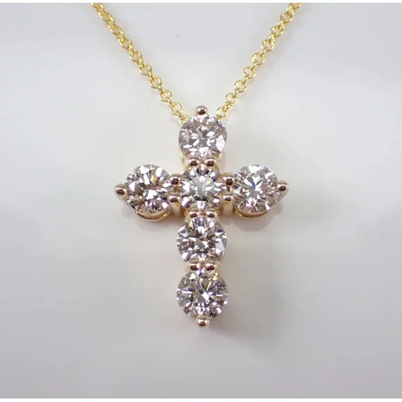 1.50Ct Round Cut Moissanite Cross Religious Pendant 14K Yellow Gold Plated 18"