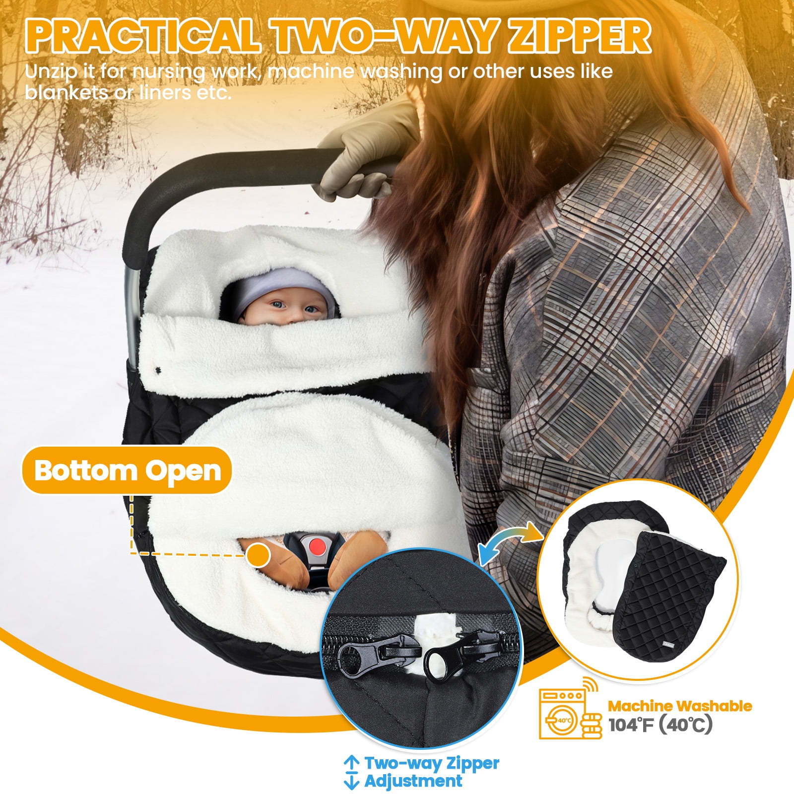 Orzbow Winter Baby Car Seat Cover, Warm Carseat Bunting Bag with Removable Zipper for Baby Boys & Girls, Waterproof Carseat Canopy Cover, Keeps Babies Warm and Cozy in Cold Weather, Black