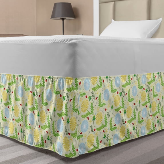Dandelion Bed Skirt, Composition of Blowballs Ladybugs and Leaves Colorful Lively Spring Season Nature, Elastic Bedskirt Dust Ruffle Wrap Around for Bedding Decor, 4 Sizes, Multicolor, by Ambesonne