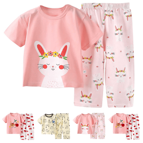 Lovzfmll 2-Piece Girl's Bunny Sleepwear Set, Short Sleeve Top & Long Pants, Sleepwear Outfits for Toddler 1-2 Years