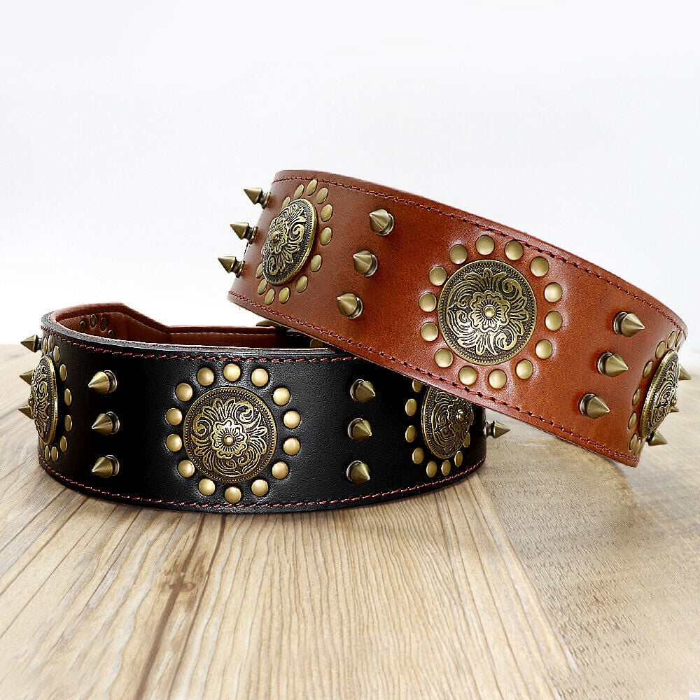 Beirui Luxury Spike Studded Genuine Leather Dog Collar Durable Adjustable for Medium Large Breed Doberman Pitbull German Shepherd L XL