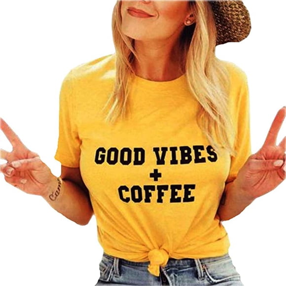 YourTops Women Good Vibes + Coffee T-Shirt for Women (US L, Yellow)