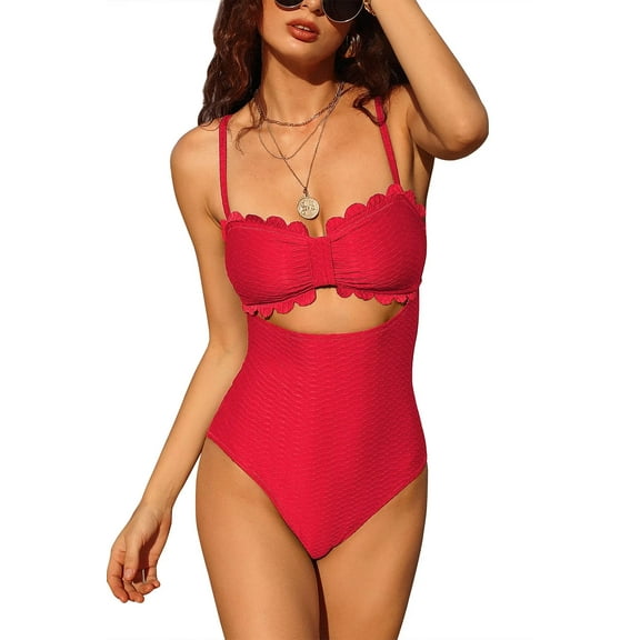 Women's Scallop Trim One Piece Swimsuit Sexy Cutout Bathing Suit Tummy Control Slim Monkini