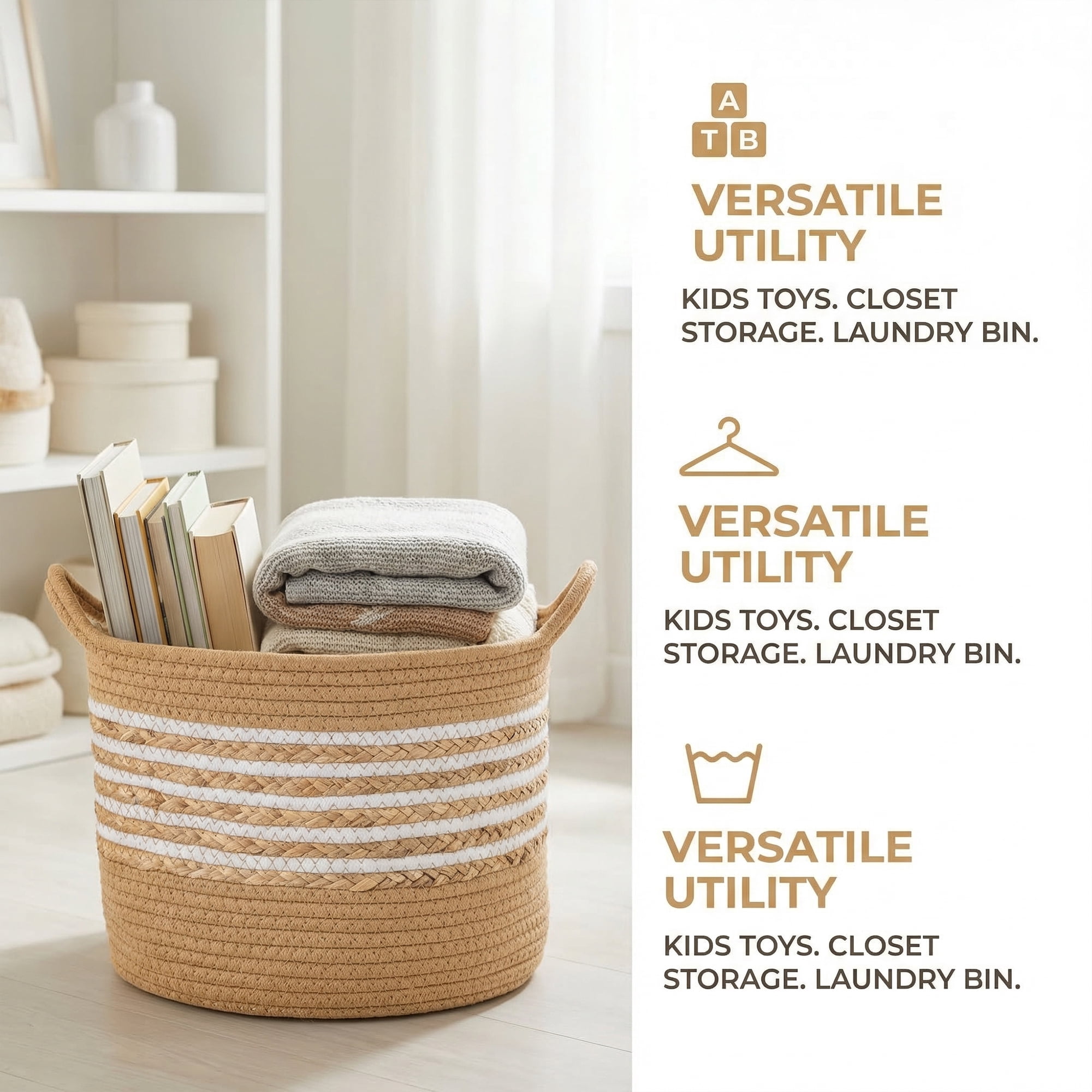 Unique Bargains Multiple Use Woven Storage Bin for Home Light Brown 11.8*11.8*9.4in