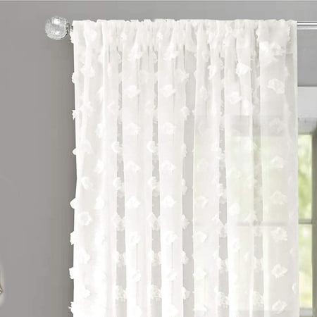 Pom Pom Curtains DriftAway Olivia White Voile Chiffon Sheer Window Curtains, Embroidered with Pom Pom, Set of Two Panels, 52