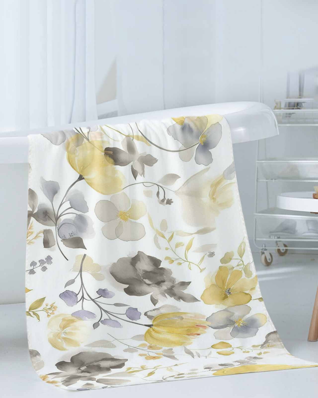 Yellow Grey Botanical Towel Set of 3, Soft Microfiber Bath Towels, Hand Towel, Washcloths, Spring Floral Watercolor Quick-Dry Absorbent Towels for Bathroom Kitchen Hotel Beach Gym Spa