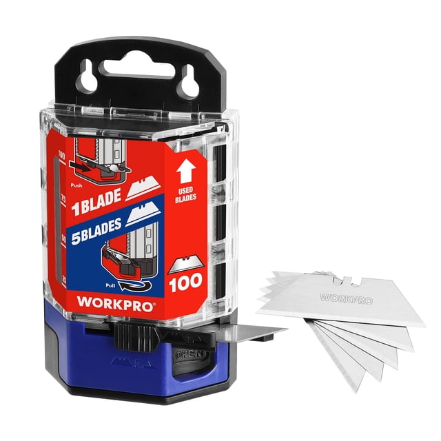 Cuchillas multiusos WORKPRO, paquete de 100 con dispensador, acero SK5
