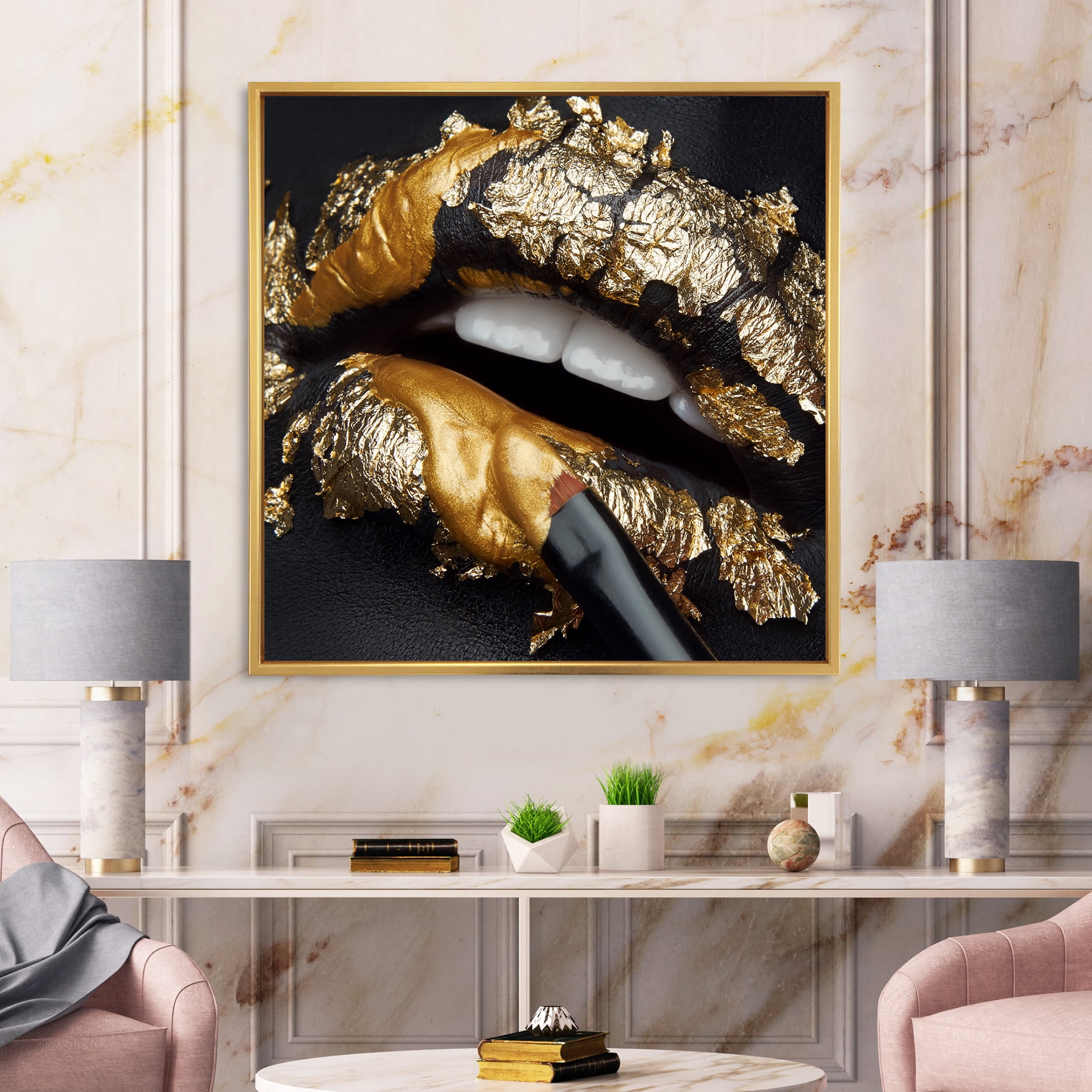 Designart 'Female Lips With Black Leather and Gold Foil' Modern Framed Canvas Wall Art Print