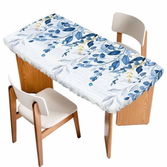 Blue Eucalyptus Leaves Table Cloths for 6 Foot Rectangle Tables, Watercolor Botanical Weeping Leaf Patio Waterproof Elastic Fitted Tablecloths, Washable Rectangular Table Cover for Camping