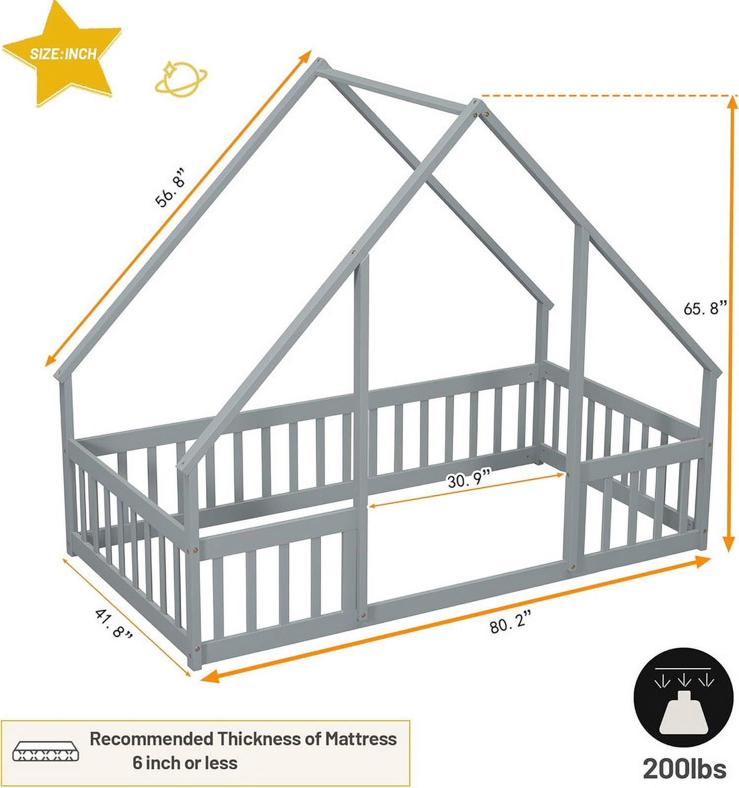 Mirightone Twin Size House Floor Bed Frame with Triangular Roof and Fence Rails, Wooden Floor Bed Frame for Girls,Boys, Montessori Floor Bed, Easy Assembly（Grey）