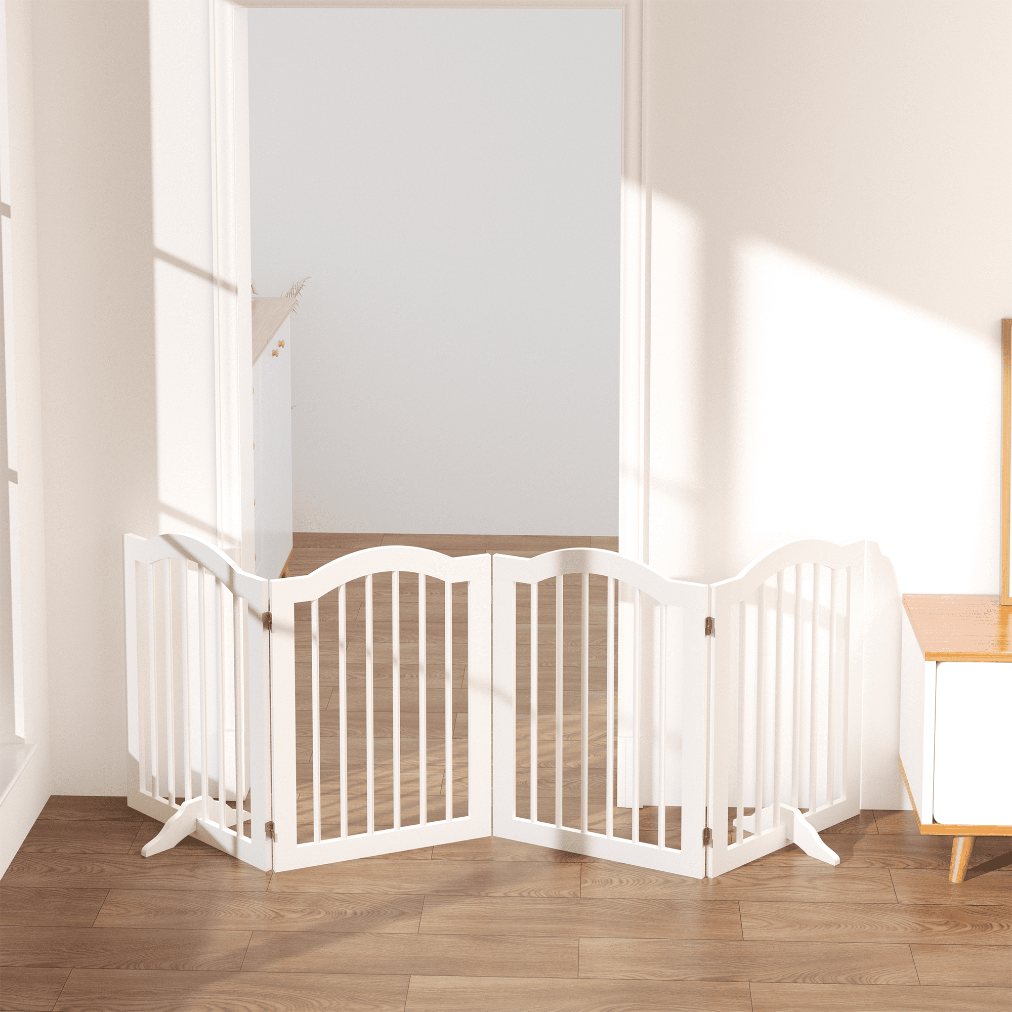 Jopath 27.6" Height Tall Freestanding Pet Gate, 4 Panels Foldable Dog Gate Solid Wood Folding Safety Fence Wooden Dog Gate with 2 Pcs Support Feet for Stairs Doorways Halls Kitchens