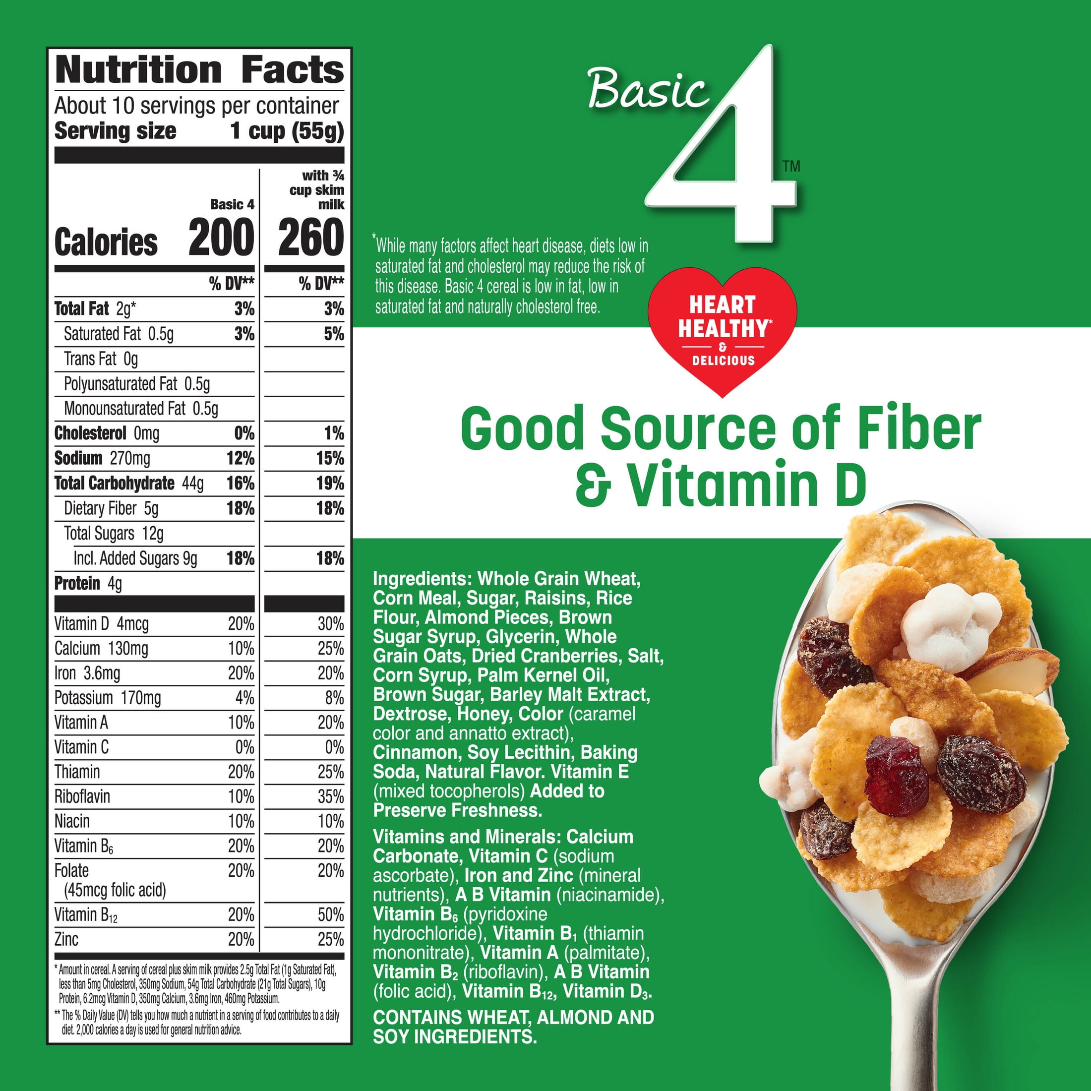 Basic 4 Heart Healthy Cereal, Fruit and Nut Fiber Cereal with Whole Grain, 19.8 oz