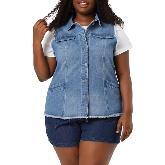 Agnes Orinda Women's Plus Size Jean Vest Raw-Hem Sleeveless Fashion Denim Jacket 1X Blue