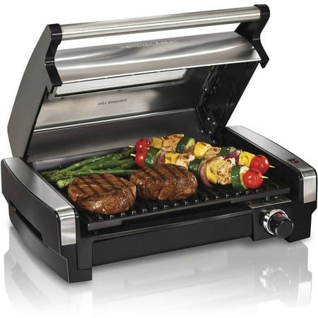 Hamilton Beach Electric Indoor Searing Grill with Removable Plates and Less Smoke, Brushed Metal, with Glass Viewing Window | Model # (Best Small Outdoor Electric Grill)