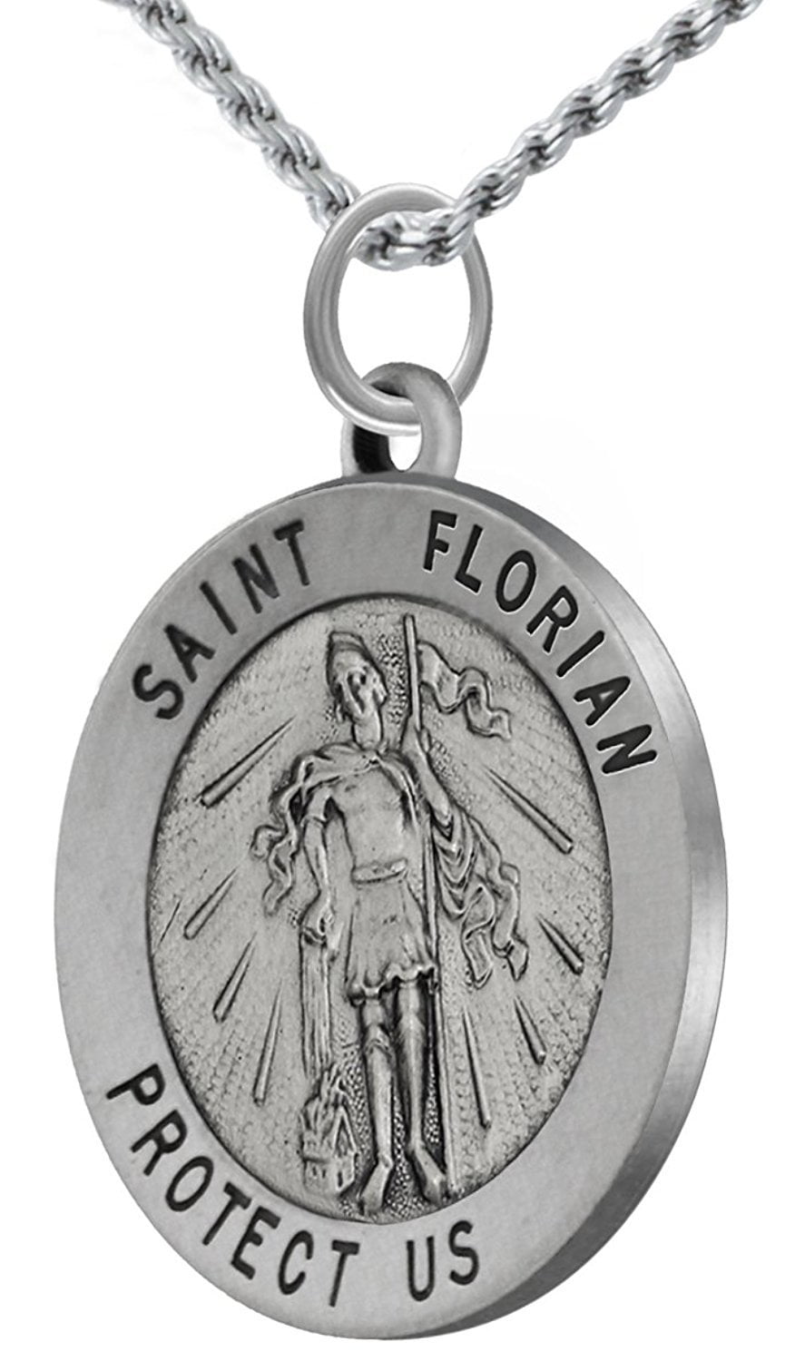 Sterling Silver Antiqued Saint Florian Medal Charm on an Adjustable Chain Necklace 