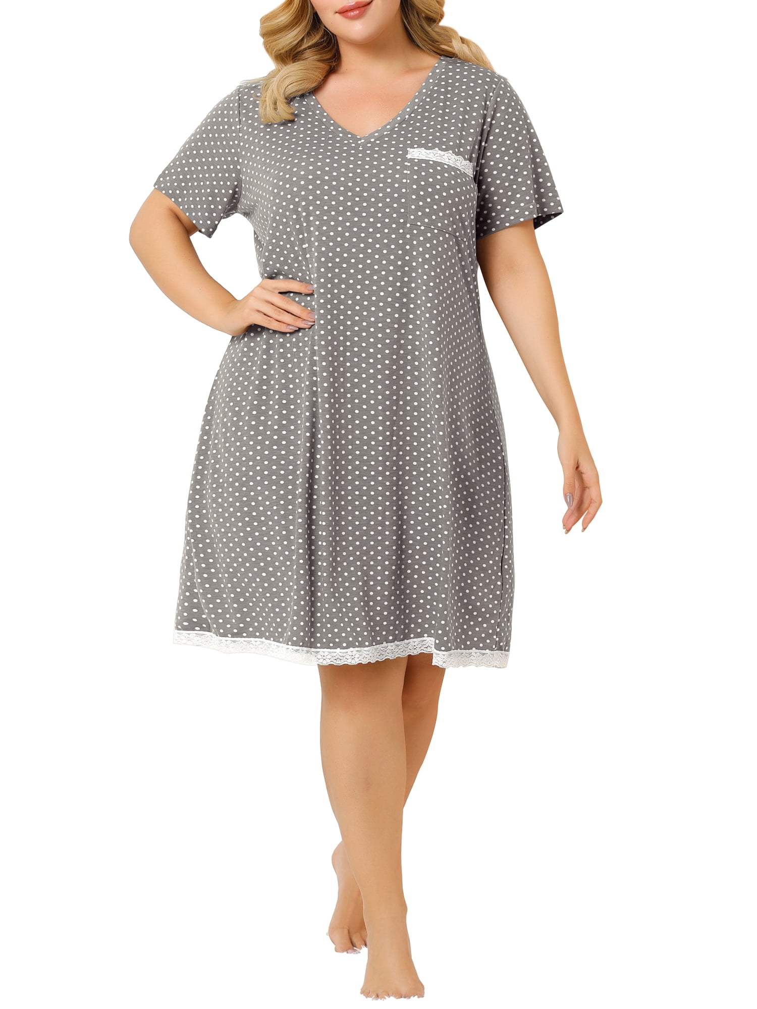 DARING DIVA Women's Plus Size Soft Short Sleeve Lace Trim Pajama Dress 1X Gray