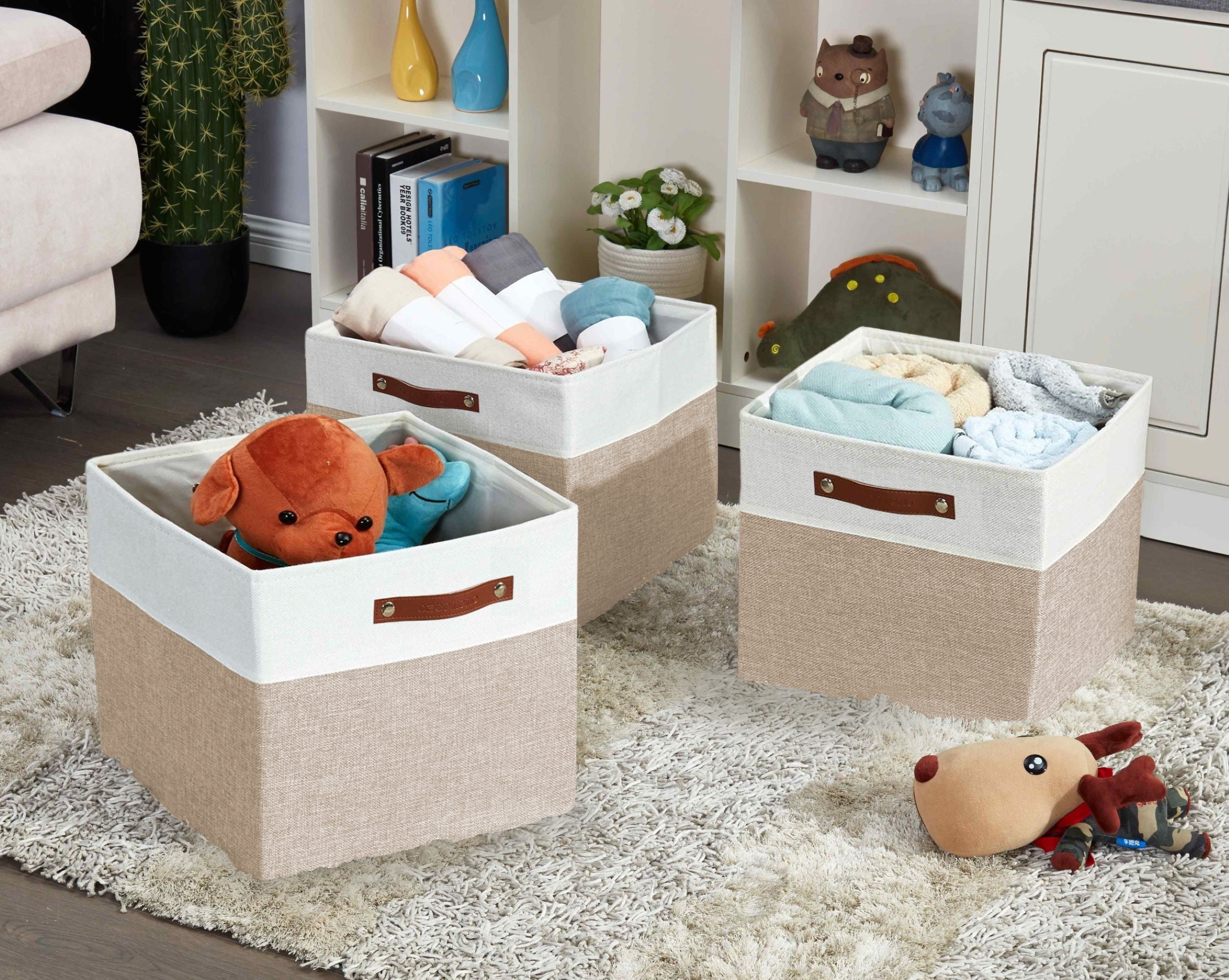 DECOMOMO Fabric Storage Baskets 13" x 15" x 13" Collapsible Storage Bins (Beige and White, Set of 3)