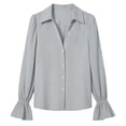 thumbnail image 6 of Women Solid Elegant Puff Long Sleeve V-Neck Button Down Work Shirt, Casual Dressy Blouse with Bell Sleeves for office Gray L(L), 6 of 7