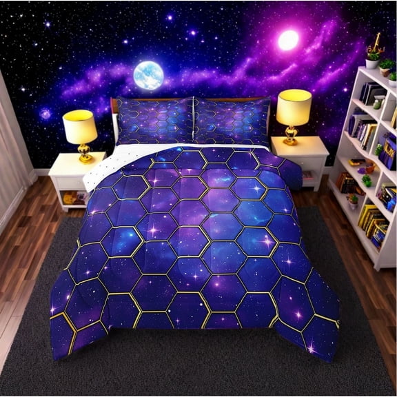 Erosebridal Galaxy Starry Night Bedding Twin Comforter Set,Geometric Hexagon Down Comforter,Mystic Stars Bedroom Decor,Reversible,Lightweight,2-Piece