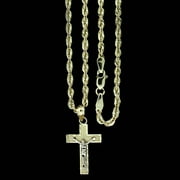 JEWELZKING 10K Real Yellow Gold Diamond Cut Jesus Crucifix Cross Pendant & 2.5mm Rope Chain Necklace Set