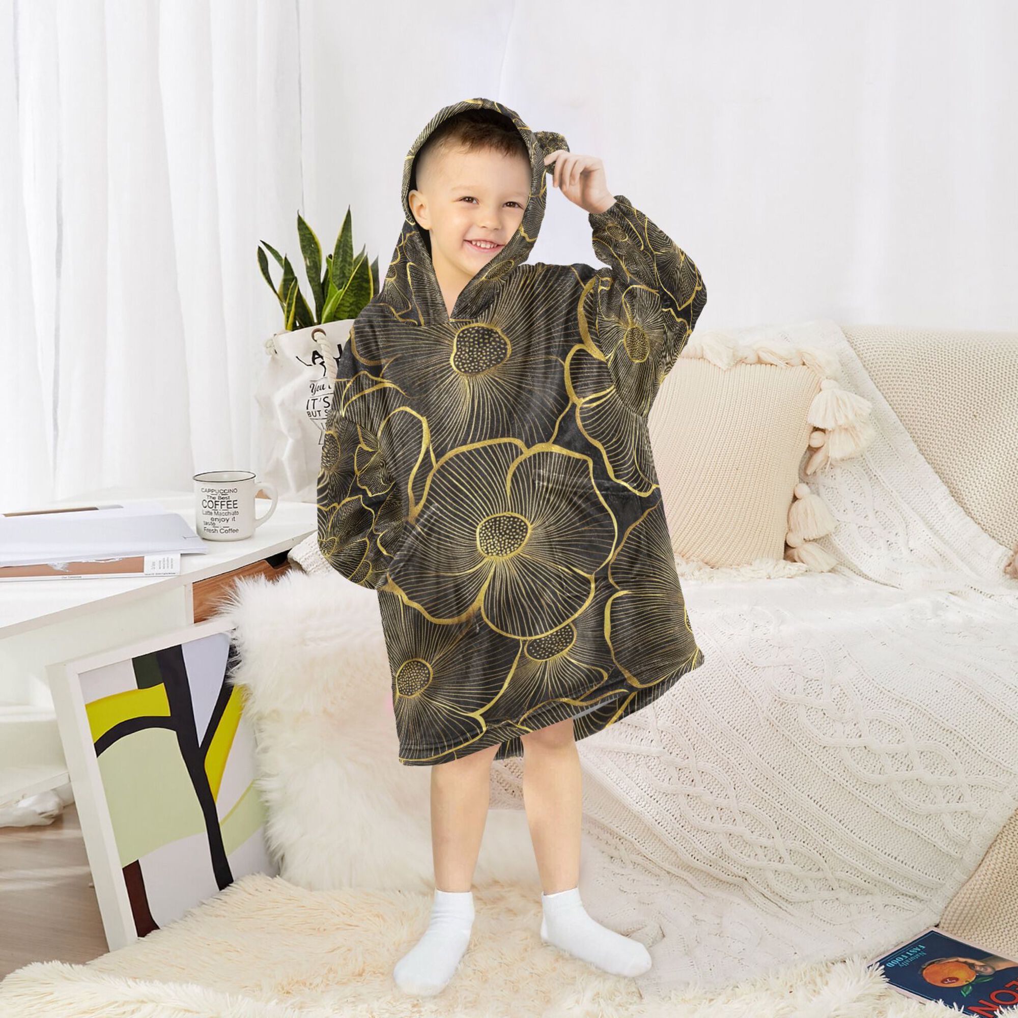 FORMRS Wearable Blanket Hoodie with Sleeves for Kids Cozy Flannel Sweatshirt, Black Flower Pattern