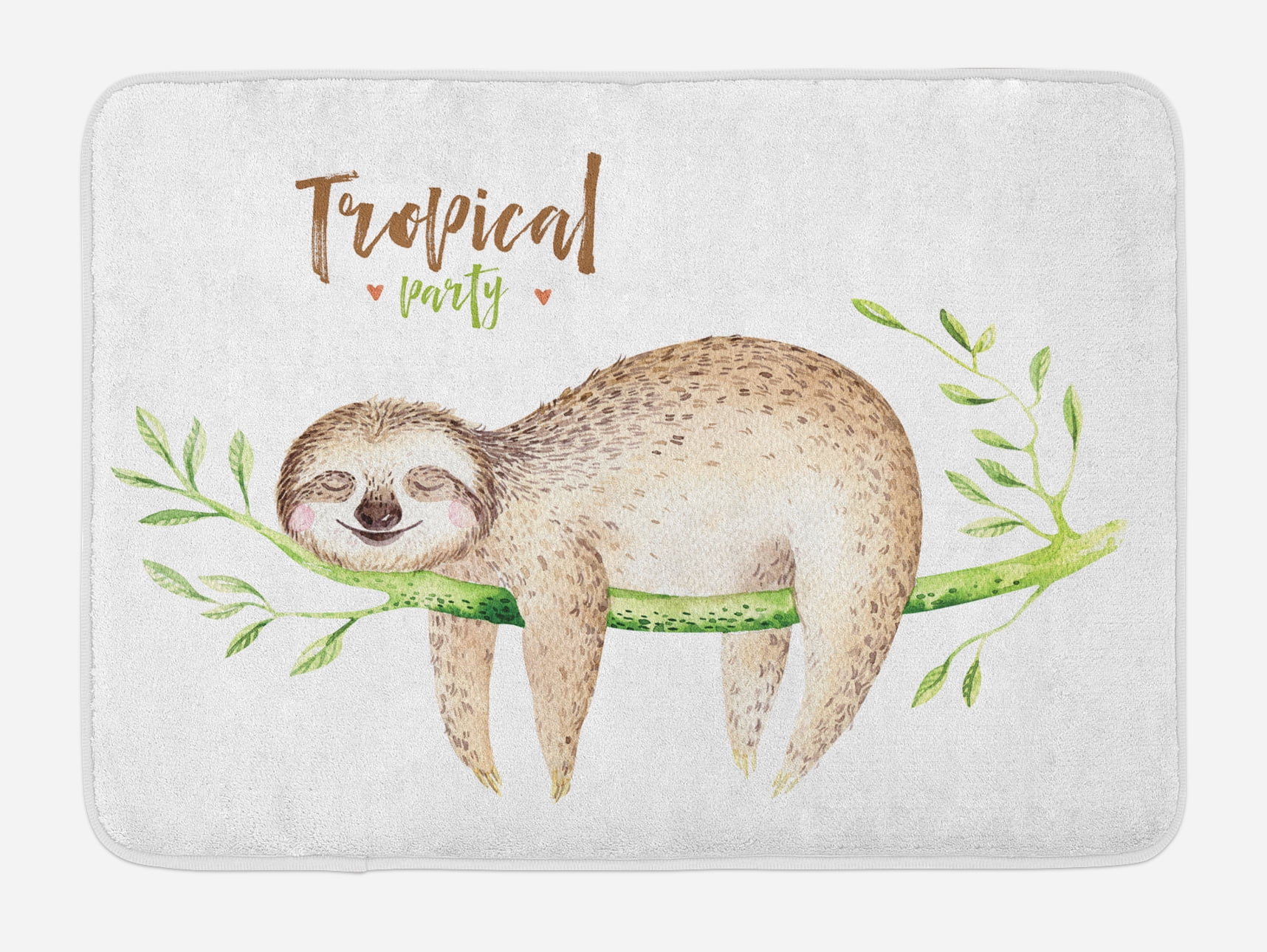 Sloth Bath Mat, Young Animal Sleeping on Palm Branch Happy Dreams