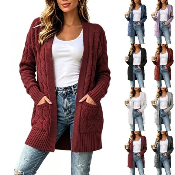 Diufon Cable Knit Cardigan Women Long Sleeve Cozy Chunky Knit Open Front Sweater with Pockets Going Out Fall Winter Long Jackets