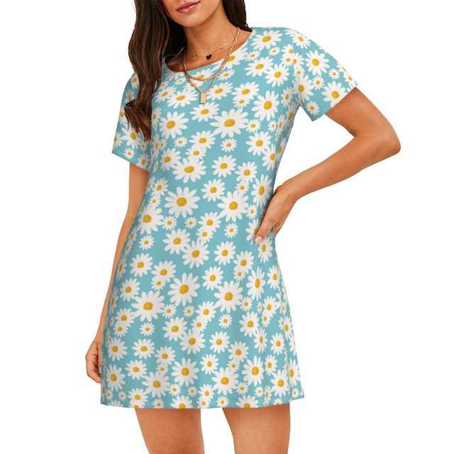 Fotbe Daisy Floral A Bata de Dormir para Mujer con Estampado, Camisón de Algodón de Manga Corta, Ropa de Dormir Casual