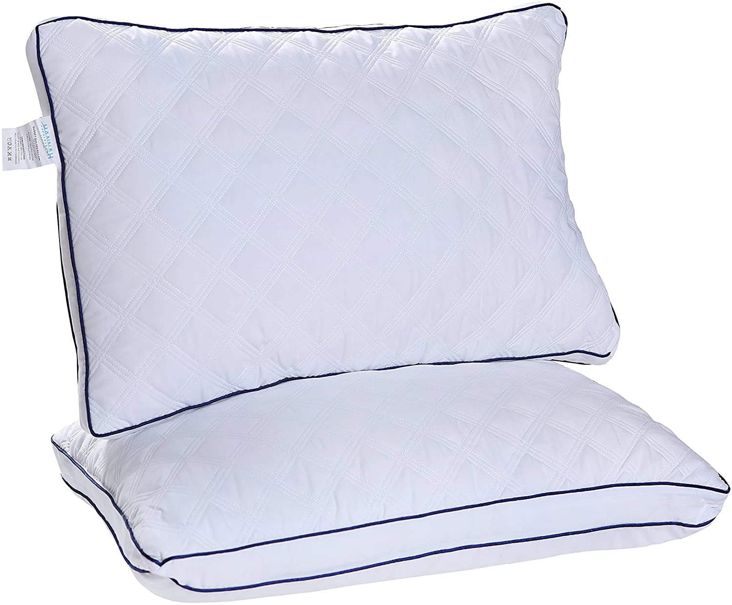 Gusseted Quilted Bed Pillows Extra Firm (King, Navy Blue Piping) Set of