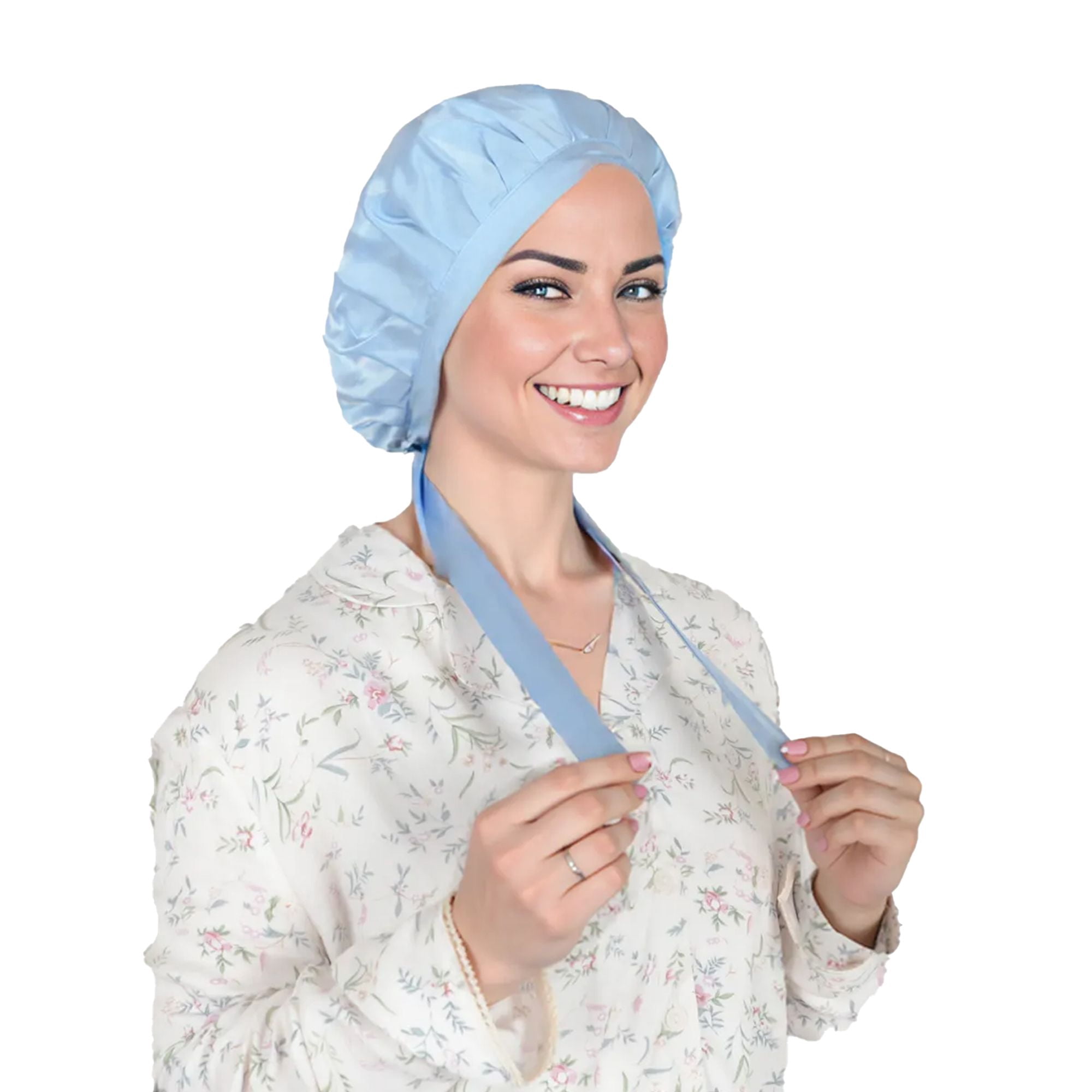 Women Satin Sleep Bonnet Adjustable Tie Back Hair Protection Cap for All Hair Types - Light Blue