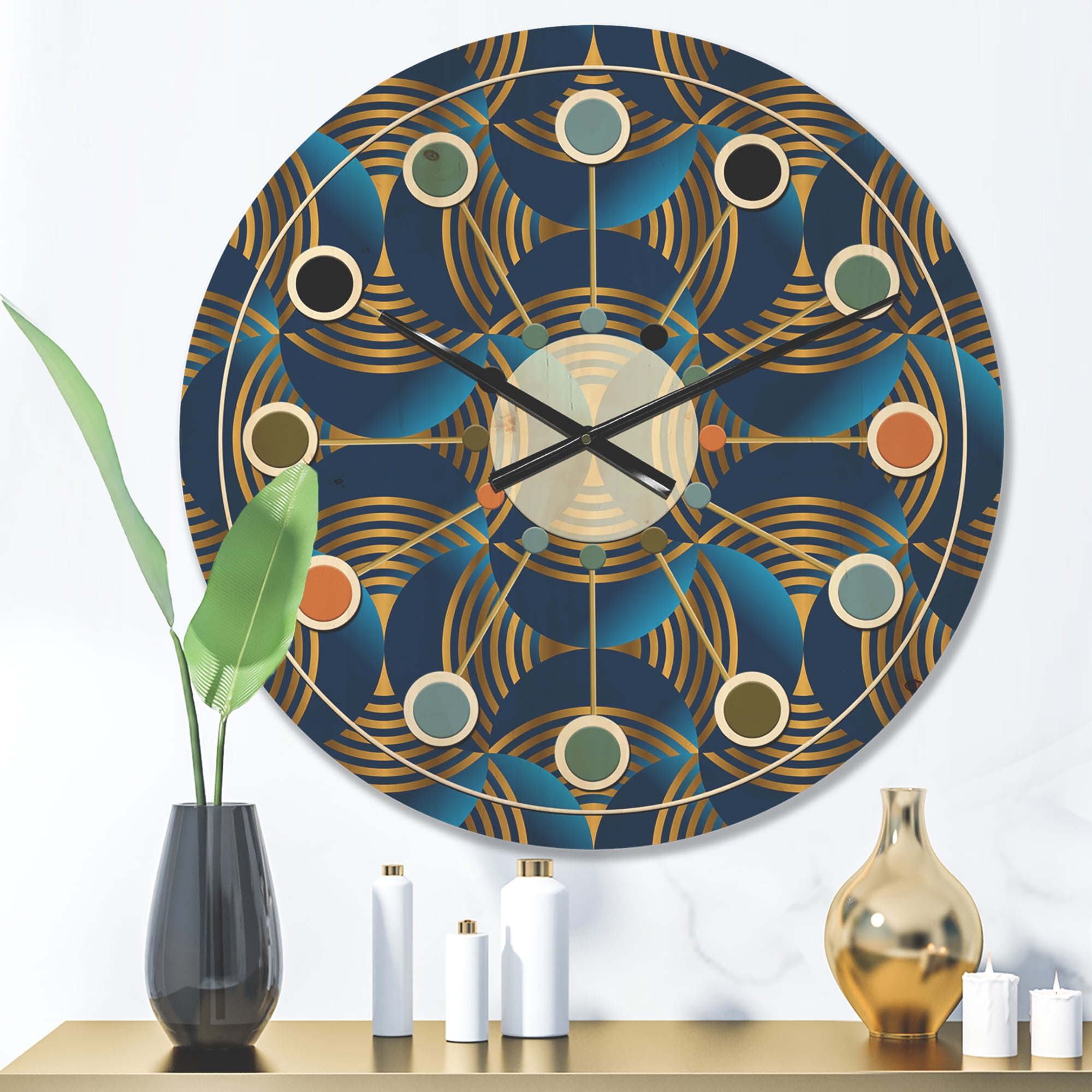 Designart 'Geometric Abstract Waves in Marine Blue and Gold' Mid-Century Modern Wood Wall Clock