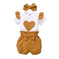 thumbnail image 2 of KYAIGUO 3PCS Infant Newborn Baby Girls Summer Heart Pattern Bodysuit Outfit Set Romper Jumpsuit with Ruffle Shorts Bottoms Headband 0-18M, 2 of 11