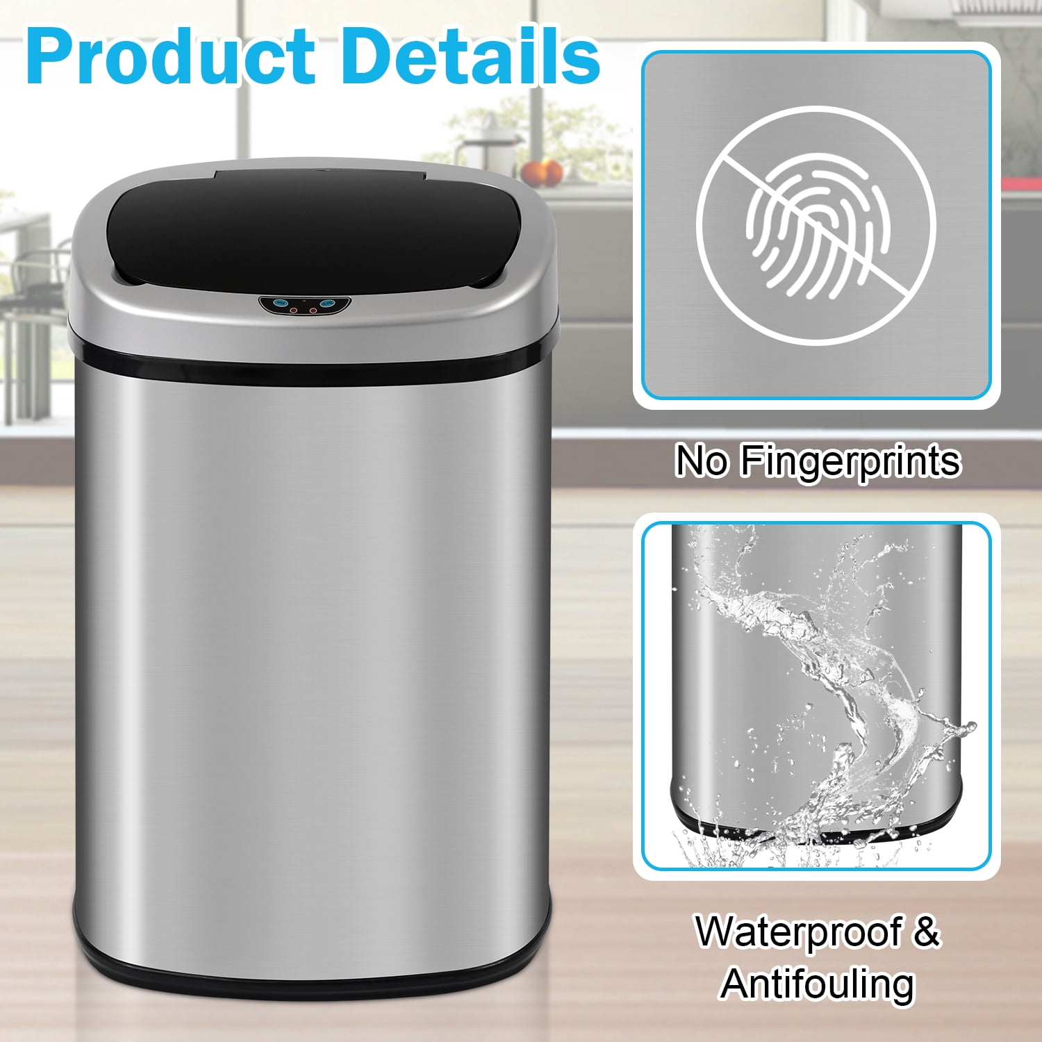 13 Gallon Kitchen Trash Can Automatic Stainless-Steel Garbage Can with Touch-Free & Motion Sensor, Anti-Fingerprint Mute Designed Brushed Waste Bin for Home, Silver