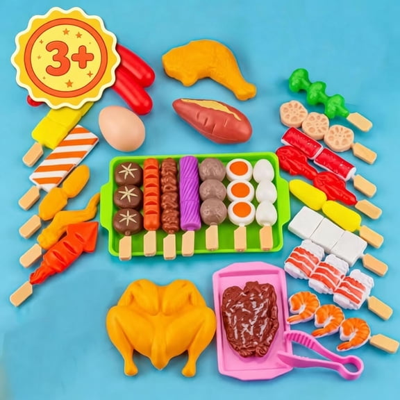 Pretend Play BBQ Grill Set for Kids with Play Food, Barbecue Cooking Role Play Toy, Top Christmas Birthday Holiday Gift, Fun Educational Fine Motor Toy for Toddler Boys Girls Ages 3
