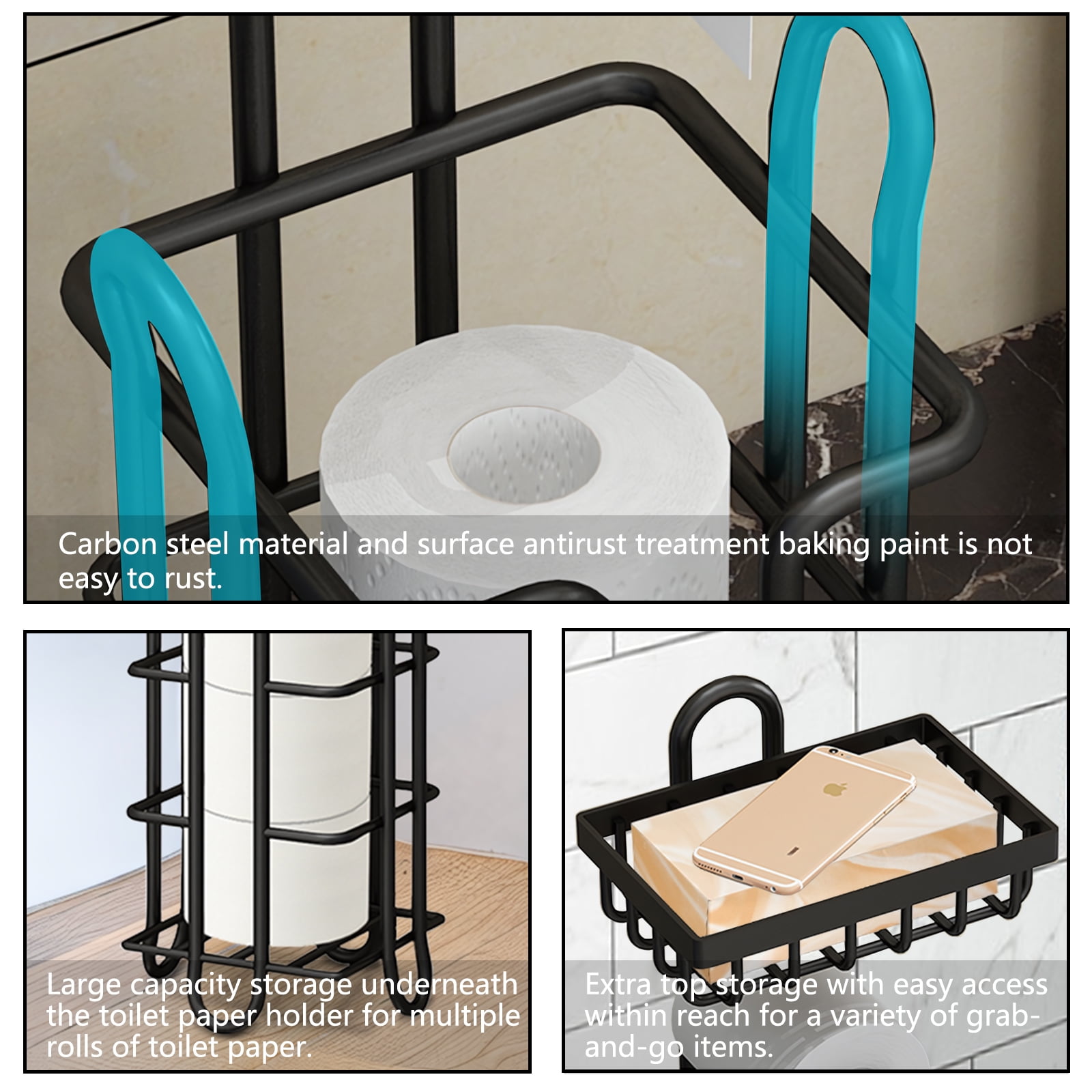 Yoneston 2 Pcs Toilet Paper Holder with Large Top Shelf Heavy Duty Bathroom Freestanding Toilet Paper Roll Stand, Iron Black