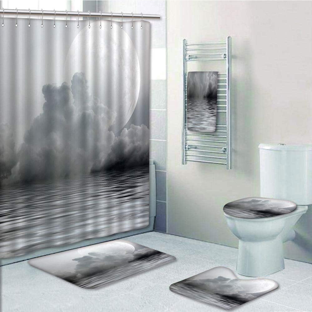 Sea Moon Shower Curtain Bath Mat Toilet Cover Rug Bathroom Decor 