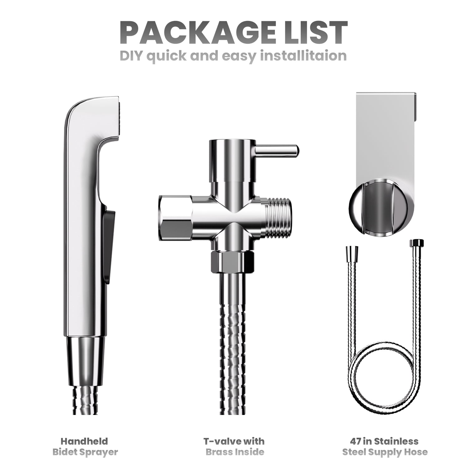 Inster Stainless Steel Handheld Bidet Sprayer, Bidet Attachment Silver with T-Valve Shut Off, Adjustable Pressure