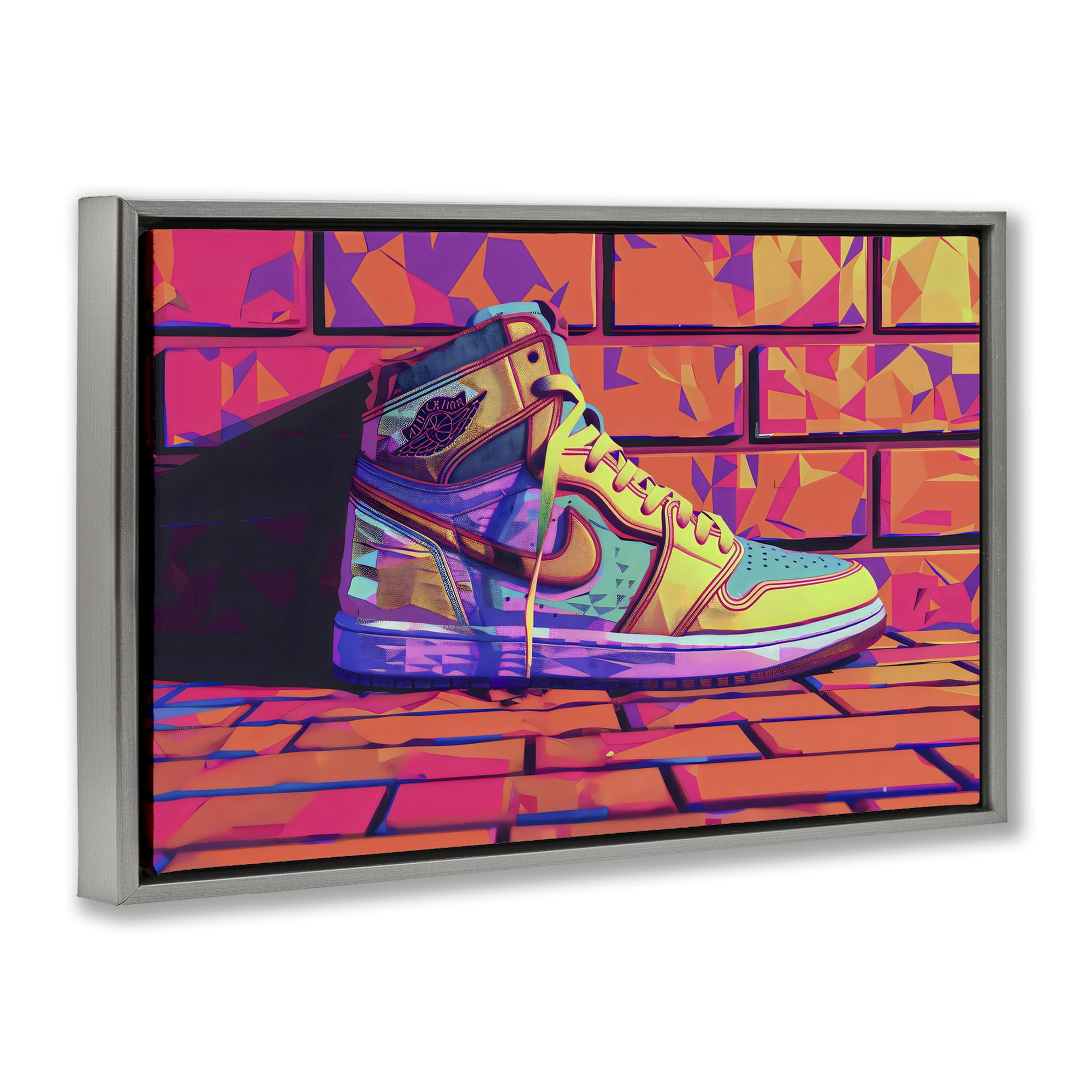 Stupell Industries Sneaker with Vibrant Geometric Hues Gray Framed Floater Canvas Wall Art, design by Creative Studio