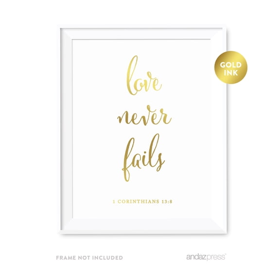 Love Never Fails, 1 Corinthians 13 8 Bible Verses & Scriptures Wall Art Prints, Gold Ink