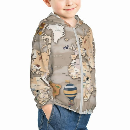 

Uemuo World Map With Animals Pattern Rash Guard for Boys Girls Long Sleeve Swim Shirts UPF 50+ UV Sun Protection Hooded Fishing Shirt with Pocket for Kid-2 Years