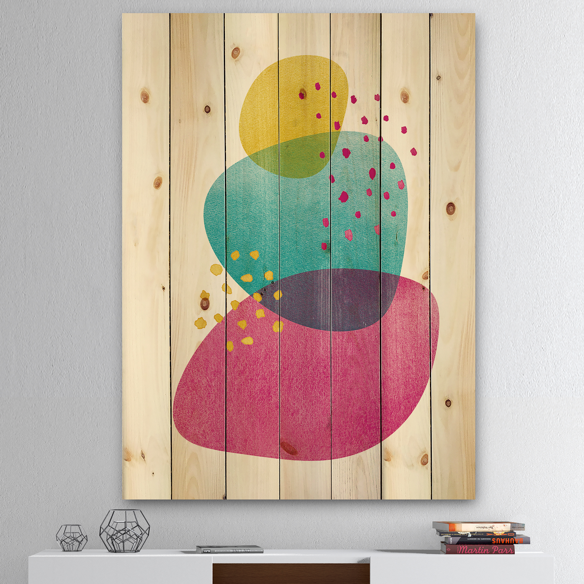 Designart 'Minimal Spots Balance IV' Mid-Century Modern Print on Natural Pine Wood