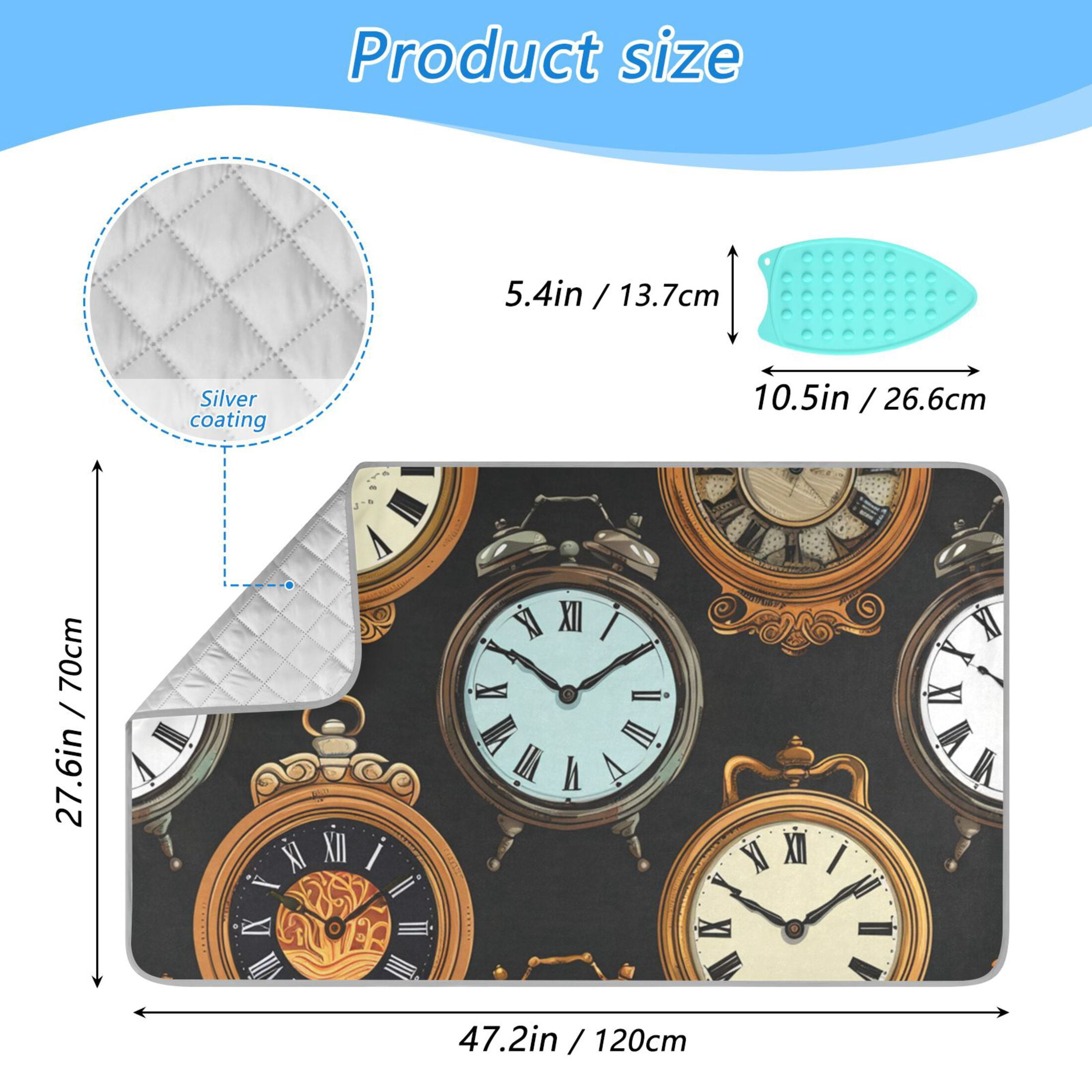 Clock Hand Painted Ironing Mat Blanket Portable Travel Ironing Pad Heat Resistant Pad 47.2" x 27.6”